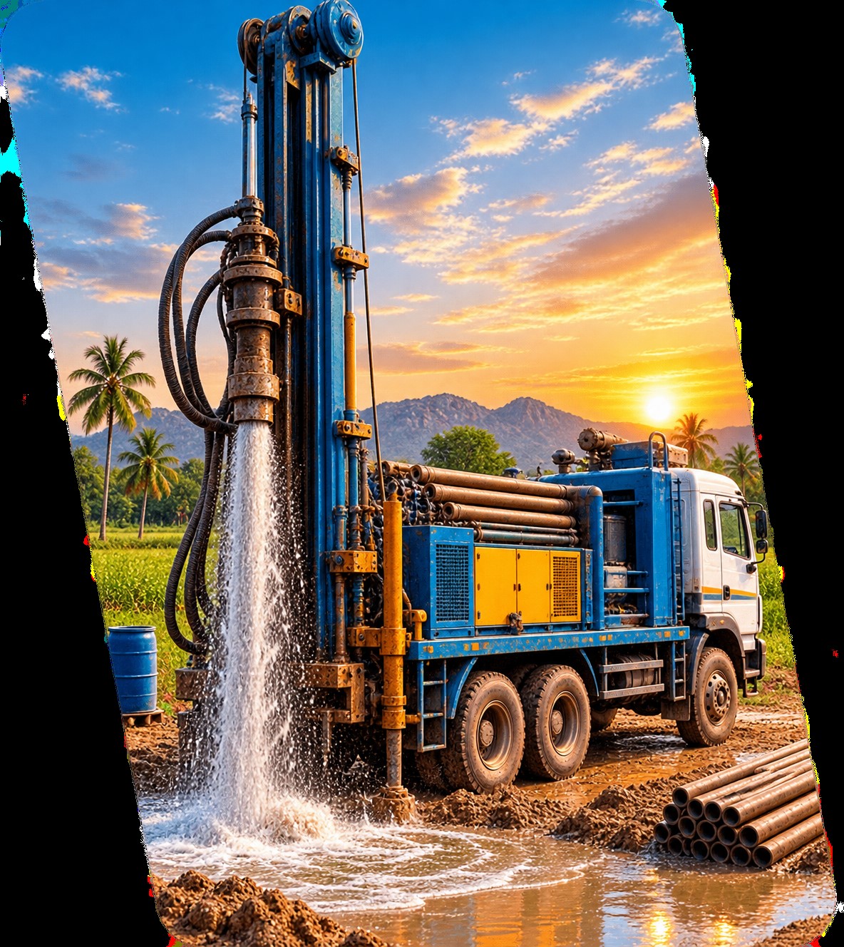 Borewell cleaning, water flowing from ground
