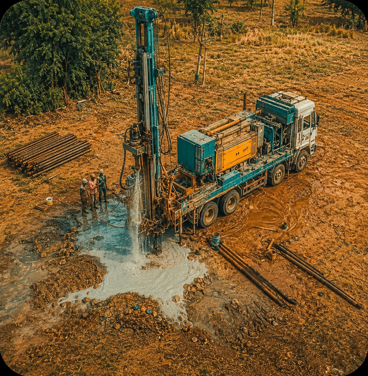Borewell drilling rig on site